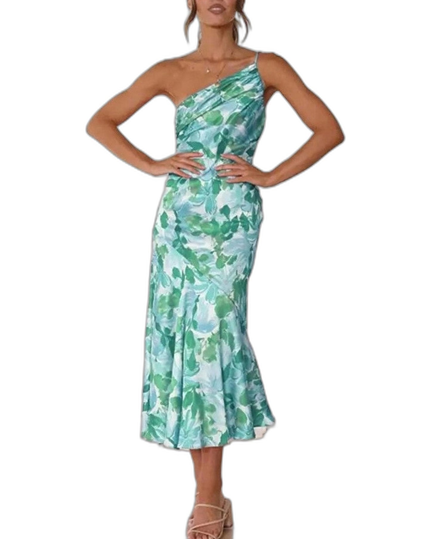 Elegant Floral Midi Dress for Women with One Shoulder Sleeveless Wrap Asymmetric Cocktail Style