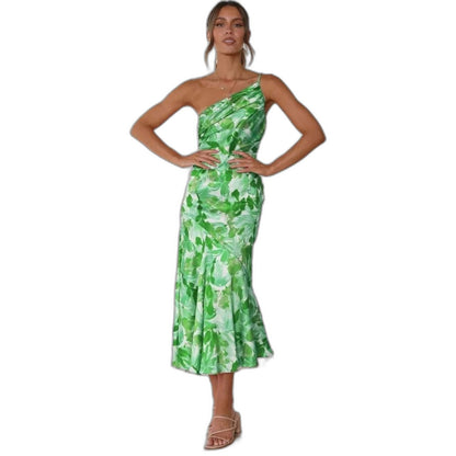 Elegant Floral Midi Dress for Women with One Shoulder Sleeveless Wrap Asymmetric Cocktail Style