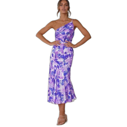 Elegant Floral Midi Dress for Women with One Shoulder Sleeveless Wrap Asymmetric Cocktail Style
