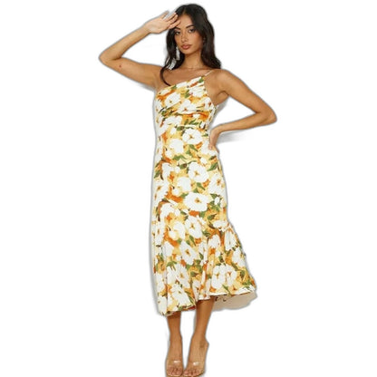 Elegant Floral Midi Dress for Women with One Shoulder Sleeveless Wrap Asymmetric Cocktail Style