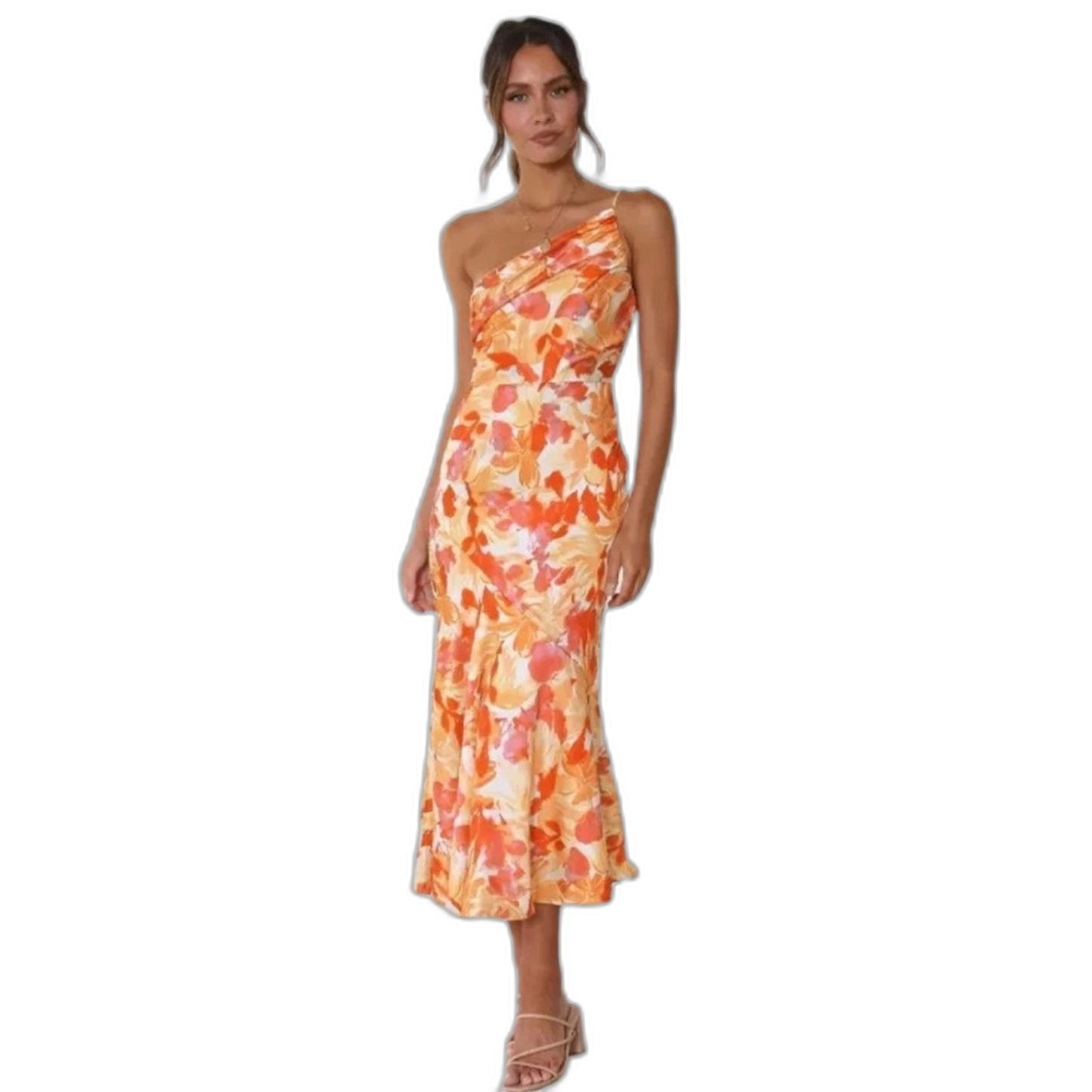 Elegant Floral Midi Dress for Women with One Shoulder Sleeveless Wrap Asymmetric Cocktail Style
