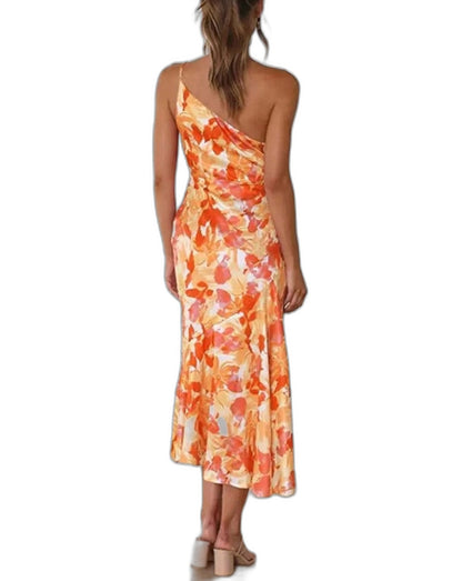 Elegant Floral Midi Dress for Women with One Shoulder Sleeveless Wrap Asymmetric Cocktail Style