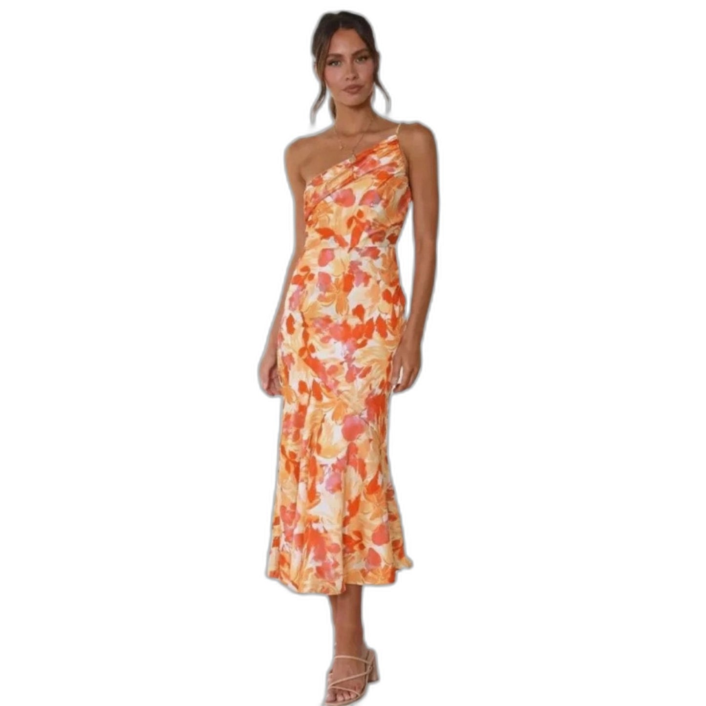 Elegant Floral Midi Dress for Women with One Shoulder Sleeveless Wrap Asymmetric Cocktail Style