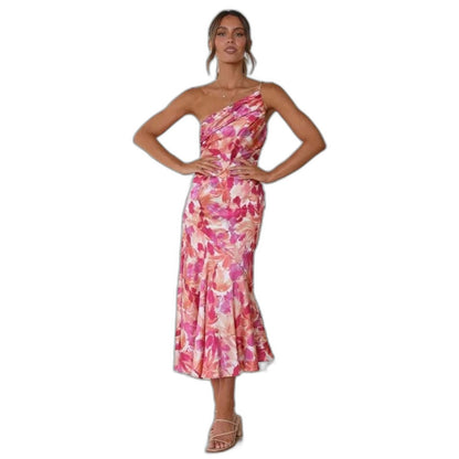 Elegant Floral Midi Dress for Women with One Shoulder Sleeveless Wrap Asymmetric Cocktail Style