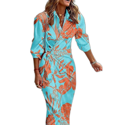 Elegant Floral Midi Dress for Women with V Neck Long Sleeve Wrap Ruched Belted Cocktail Style