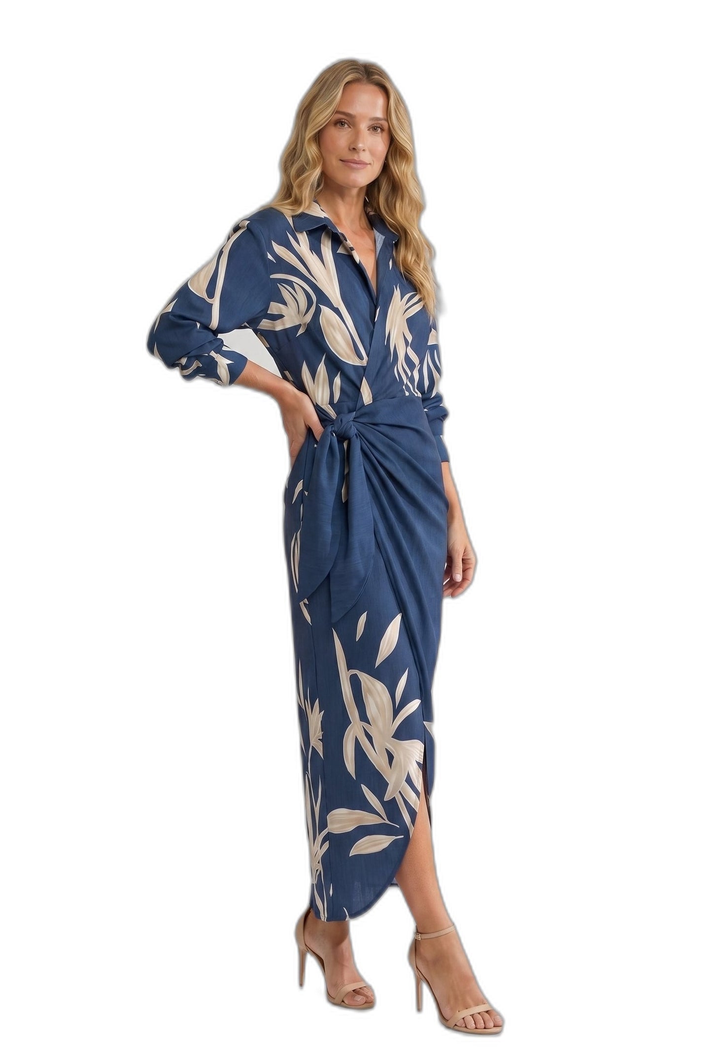 Elegant Floral Midi Dress for Women with V Neck Long Sleeve Wrap Ruched Belted Cocktail Style