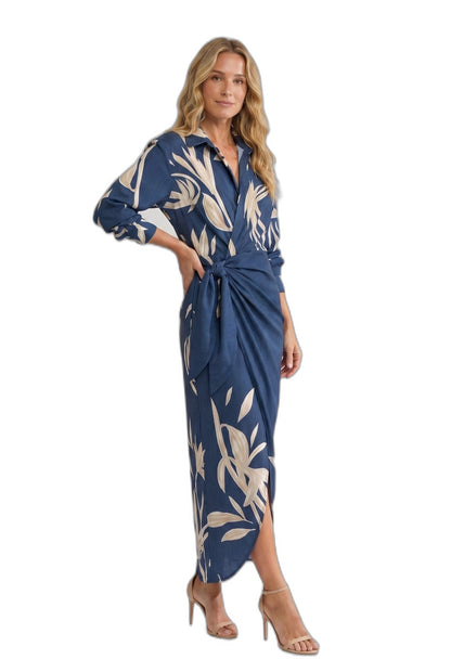 Elegant Floral Midi Dress for Women with V Neck Long Sleeve Wrap Ruched Belted Cocktail Style
