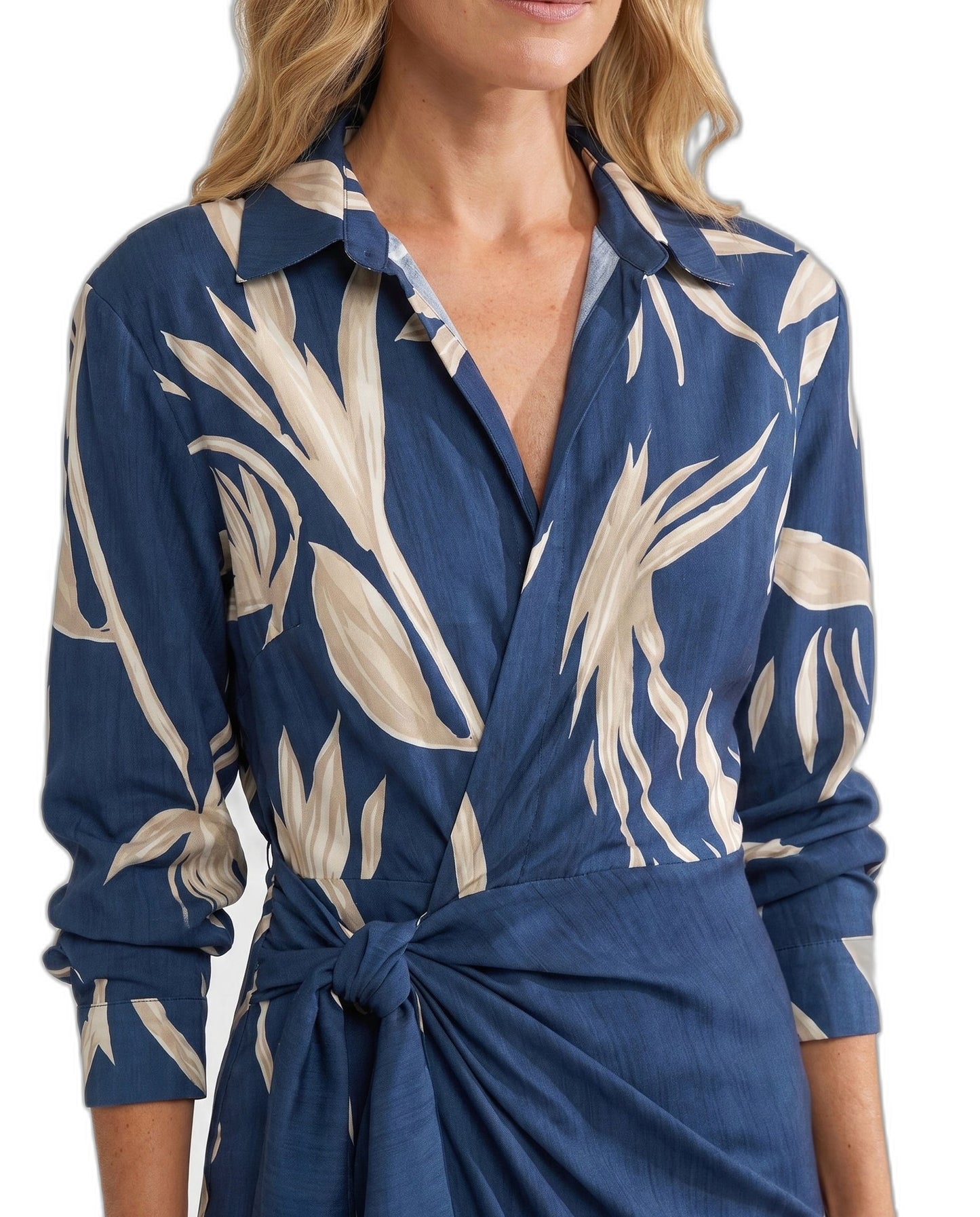 Elegant Floral Midi Dress for Women with V Neck Long Sleeve Wrap Ruched Belted Cocktail Style