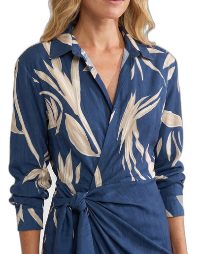 Elegant Floral Midi Dress for Women with V Neck Long Sleeve Wrap Ruched Belted Cocktail Style