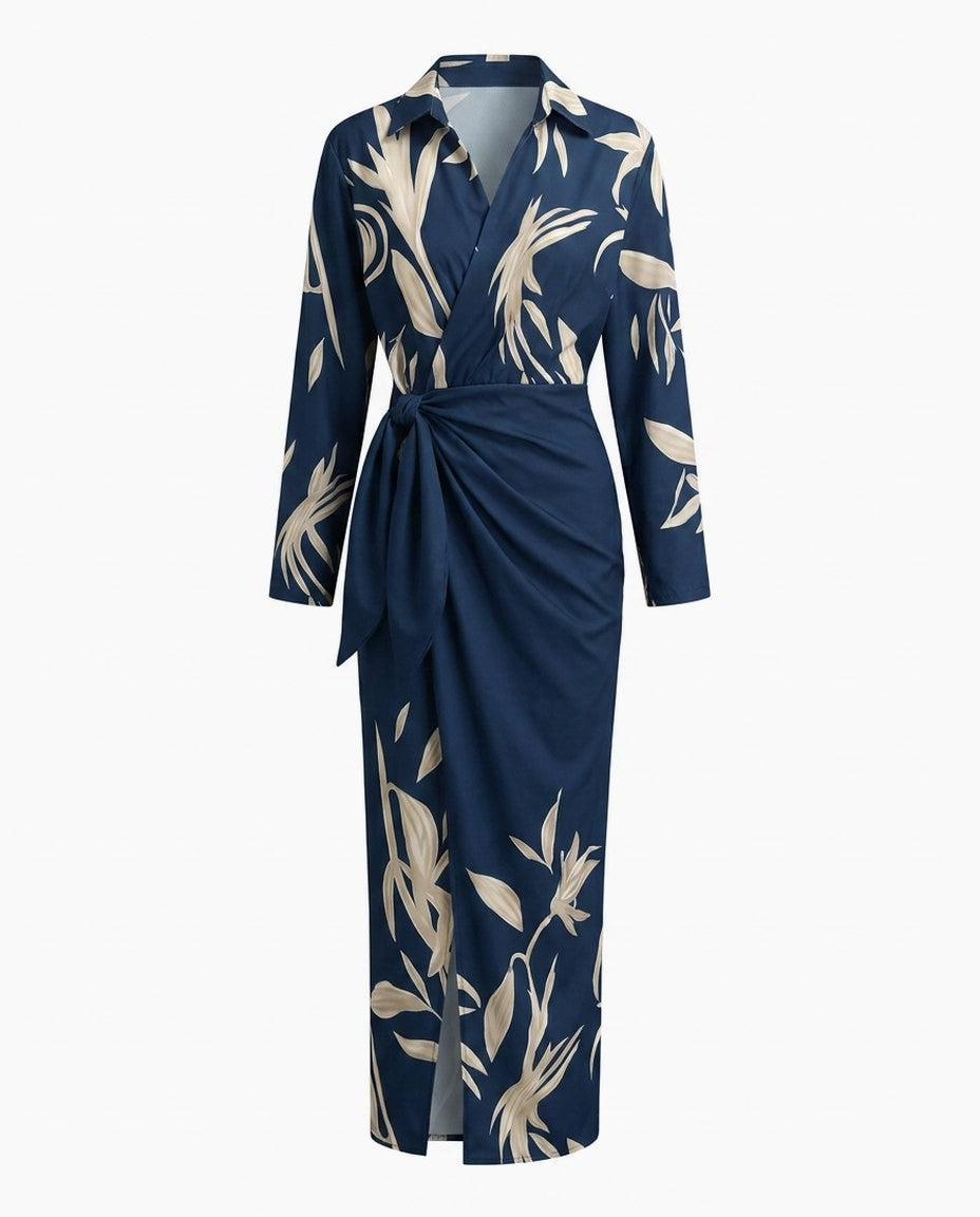 Elegant Floral Midi Dress for Women with V Neck Long Sleeve Wrap Ruched Belted Cocktail Style