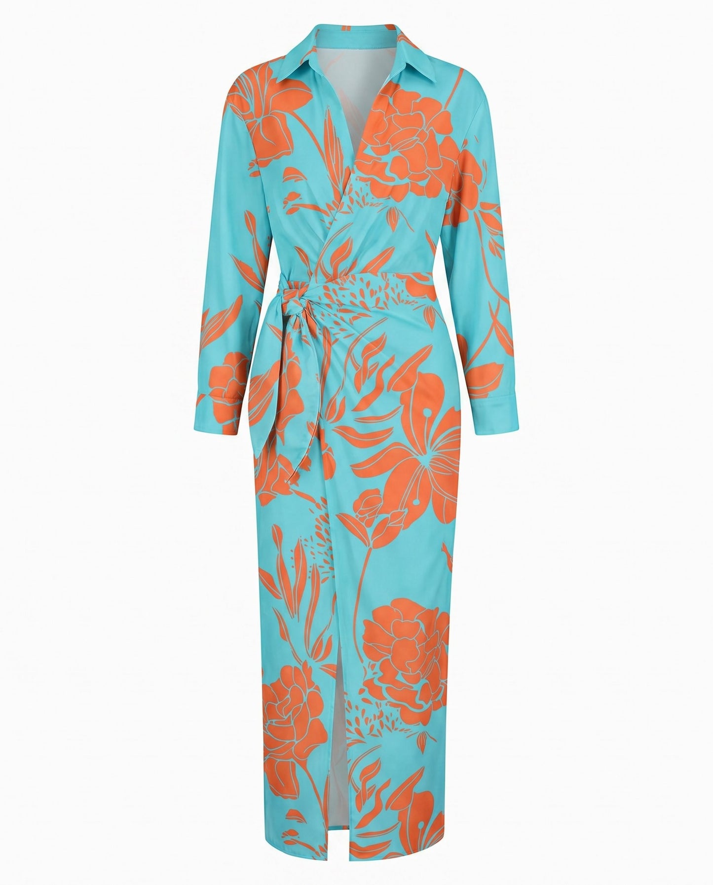 Elegant Floral Midi Dress for Women with V Neck Long Sleeve Wrap Ruched Belted Cocktail Style
