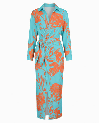 Elegant Floral Midi Dress for Women with V Neck Long Sleeve Wrap Ruched Belted Cocktail Style
