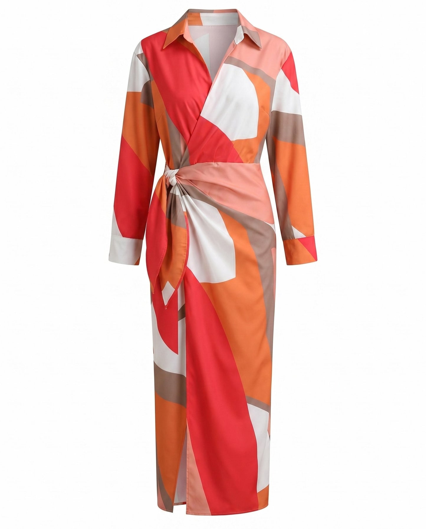 Elegant Floral Midi Dress for Women with V Neck Long Sleeve Wrap Ruched Belted Cocktail Style