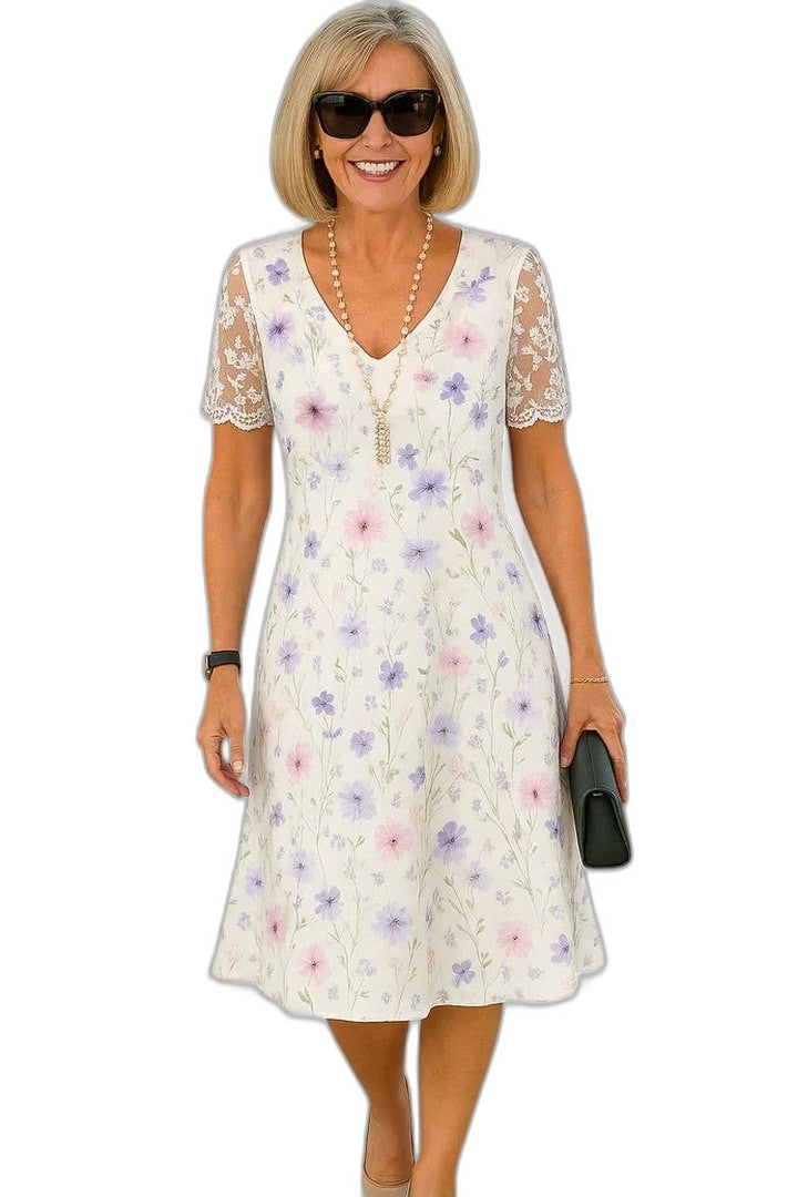 Elegant Floral Midi Dress for Women with V Neck Short Sleeve A Line Formal Wedding Guest Style