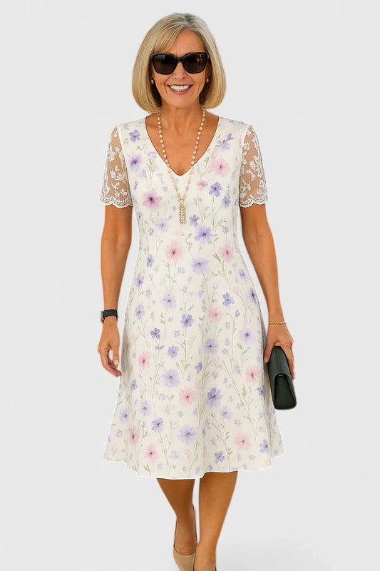 Elegant Floral Midi Dress for Women with V Neck Short Sleeve A Line Formal Wedding Guest Style