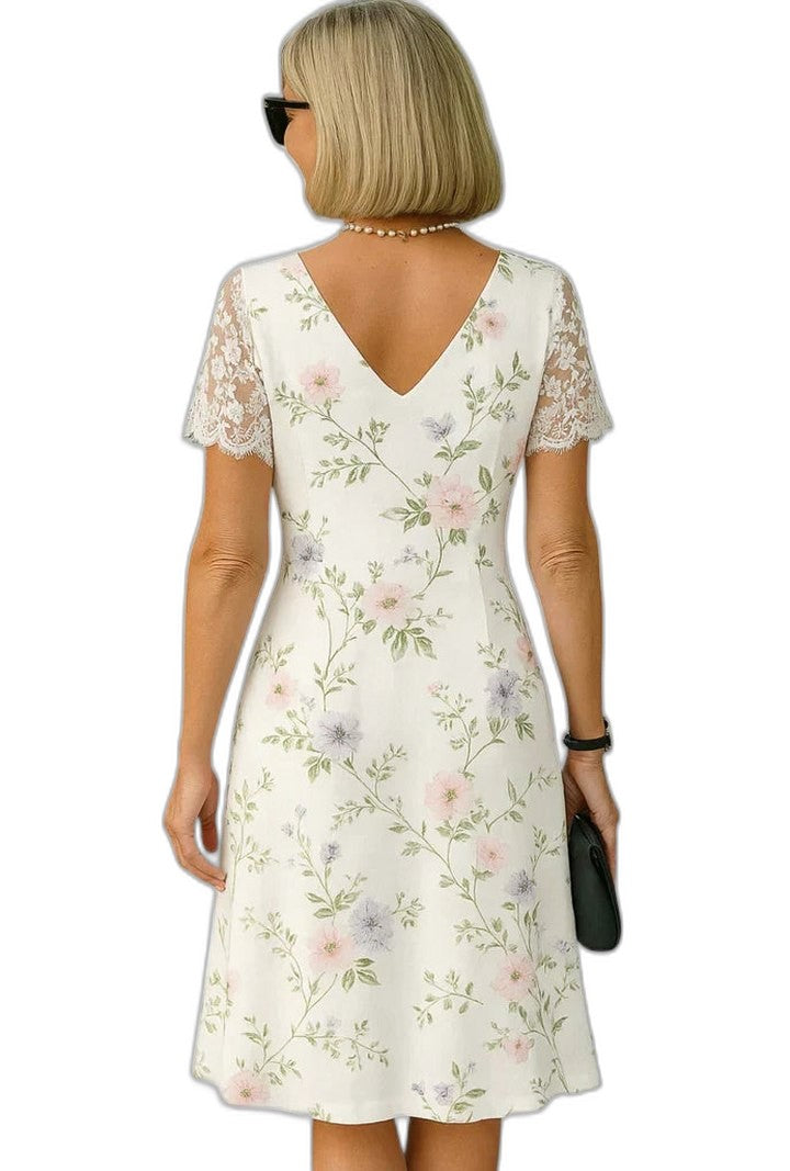 Elegant Floral Midi Dress for Women with V Neck Short Sleeve A Line Formal Wedding Guest Style