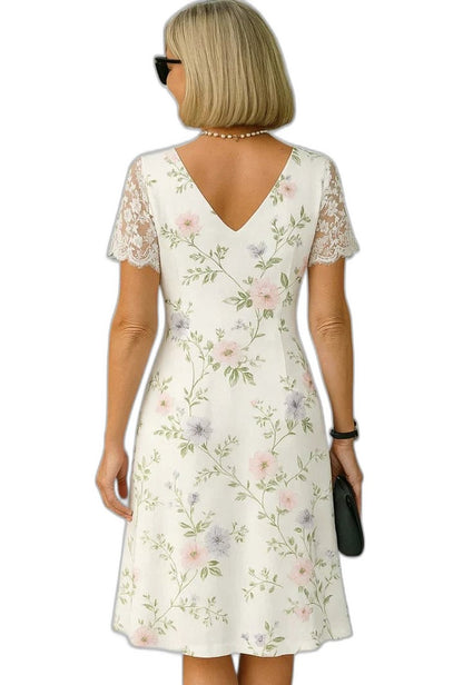 Elegant Floral Midi Dress for Women with V Neck Short Sleeve A Line Formal Wedding Guest Style
