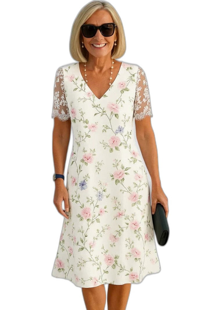 Elegant Floral Midi Dress for Women with V Neck Short Sleeve A Line Formal Wedding Guest Style