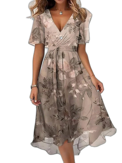 Elegant Floral Midi Dress for Women with V Neck Short Sleeve Belted Flowing Fit And Flare Formal Wedding Guest Style