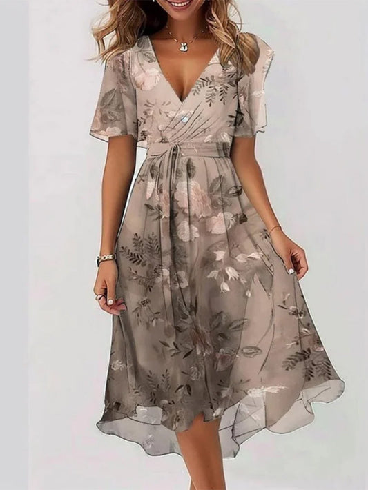 Elegant Floral Midi Dress for Women with V Neck Short Sleeve Belted Flowing Fit And Flare Formal Wedding Guest Style