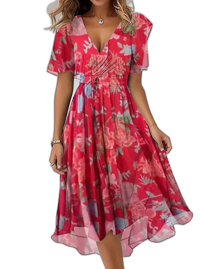 Elegant Floral Midi Dress for Women with V Neck Short Sleeve Belted Flowing Fit And Flare Formal Wedding Guest Style