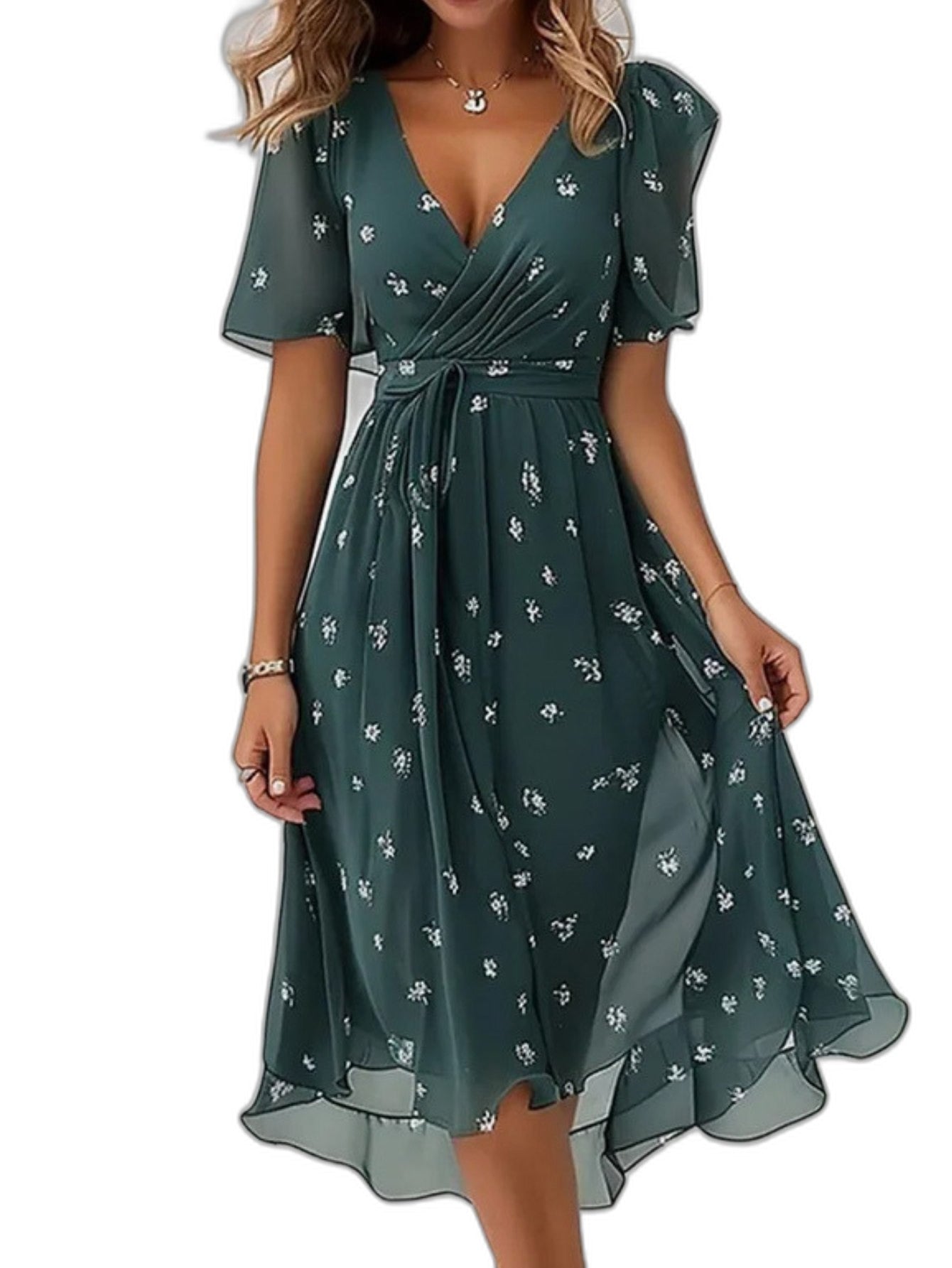 Elegant Floral Midi Dress for Women with V Neck Short Sleeve Belted Flowing Fit And Flare Formal Wedding Guest Style