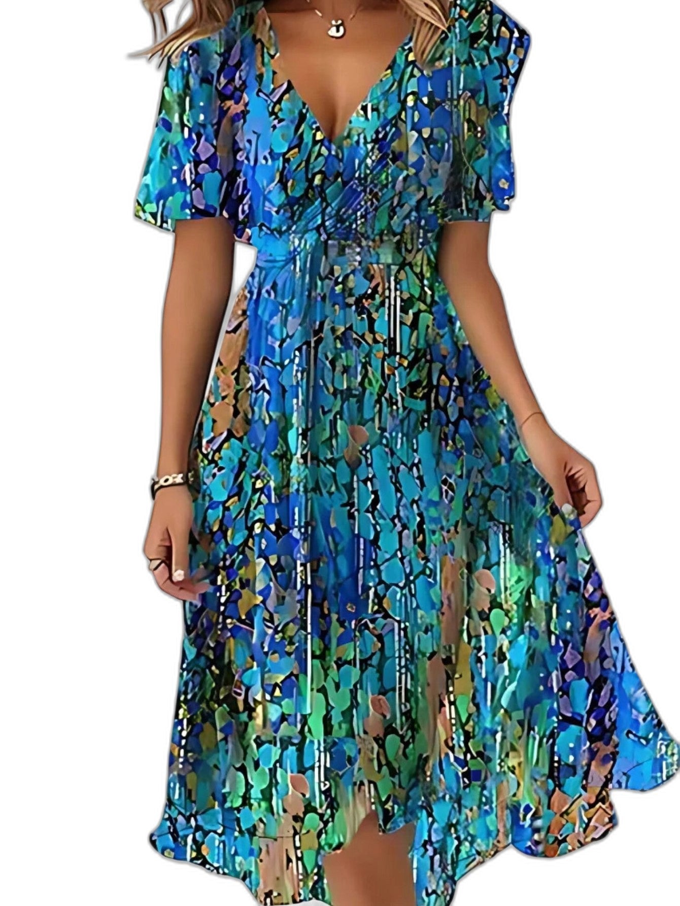 Elegant Floral Midi Dress for Women with V Neck Short Sleeve Belted Flowing Fit And Flare Formal Wedding Guest Style