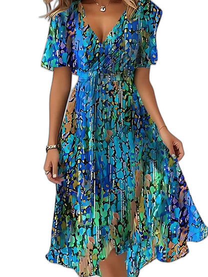 Elegant Floral Midi Dress for Women with V Neck Short Sleeve Belted Flowing Fit And Flare Formal Wedding Guest Style