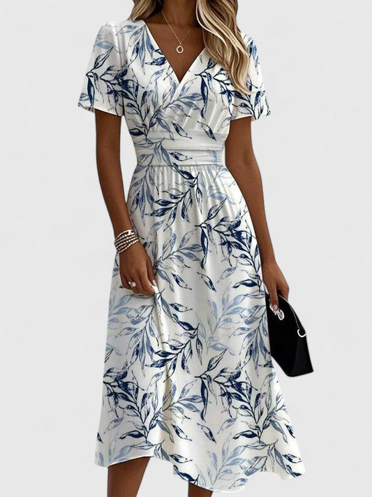 Elegant Floral Midi Dress for Women with V Neck Short Sleeve Wrap Flowing Formal Wedding Guest Style