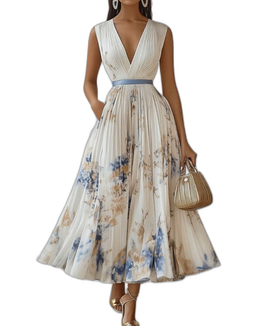 Elegant Floral Midi Dress for Women with V Neck Sleeveless A Line Pleated Belted Formal Wedding Guest Style
