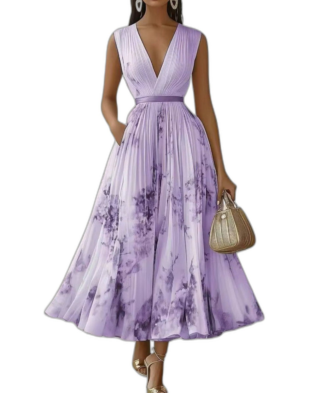 Elegant Floral Midi Dress for Women with V Neck Sleeveless A Line Pleated Belted Formal Wedding Guest Style