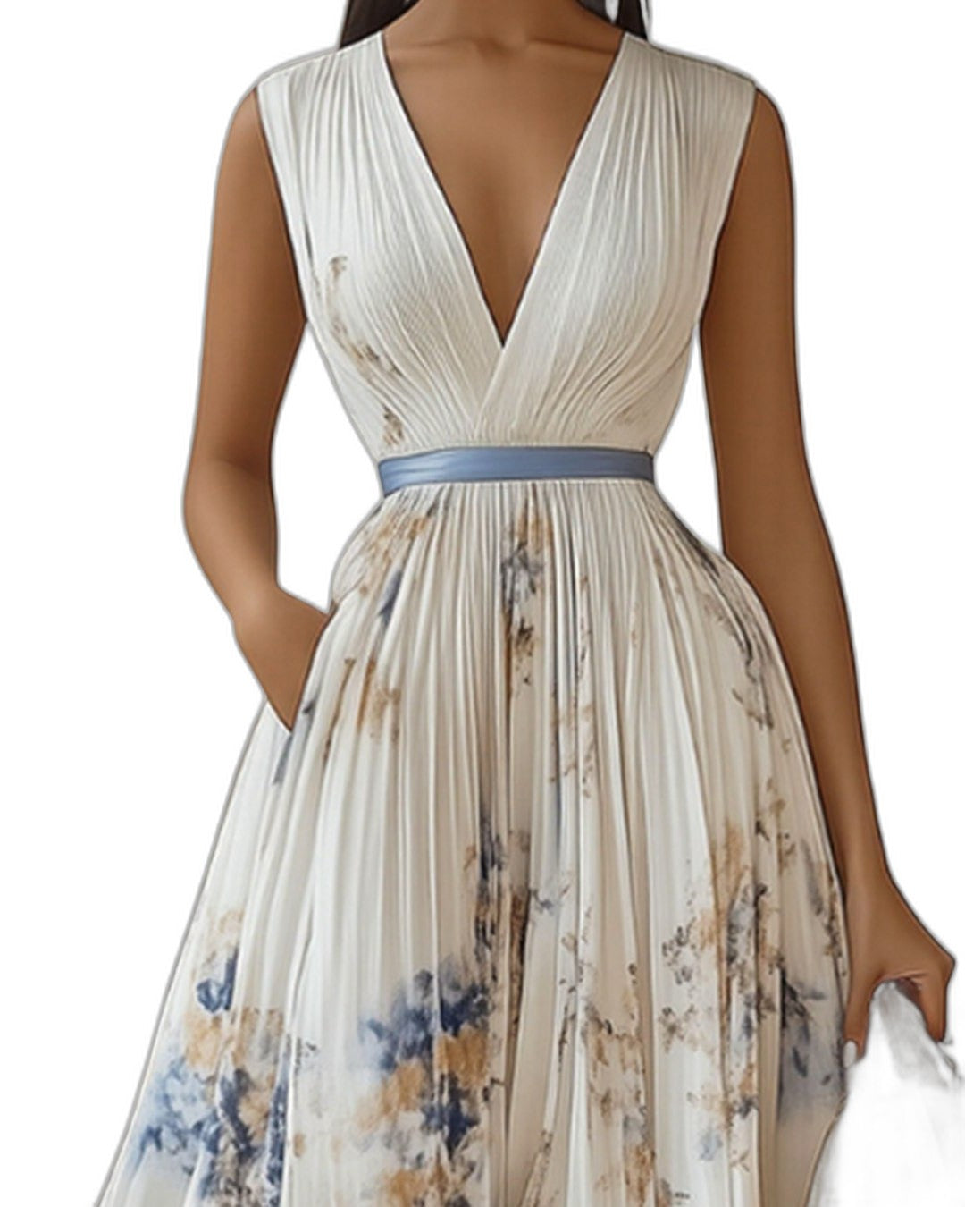 Elegant Floral Midi Dress for Women with V Neck Sleeveless A Line Pleated Belted Formal Wedding Guest Style