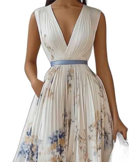 Elegant Floral Midi Dress for Women with V Neck Sleeveless A Line Pleated Belted Formal Wedding Guest Style