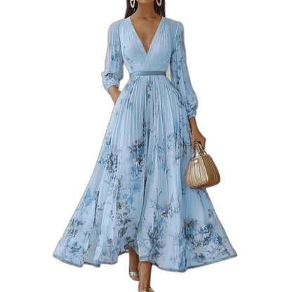 Elegant Floral Midi Dress for Women with V Neck Sleeveless A Line Pleated Belted Formal Wedding Guest Style