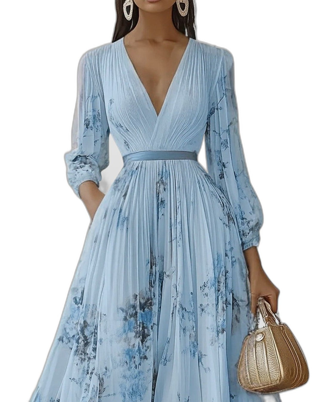 Elegant Floral Midi Dress for Women with V Neck Sleeveless A Line Pleated Belted Formal Wedding Guest Style