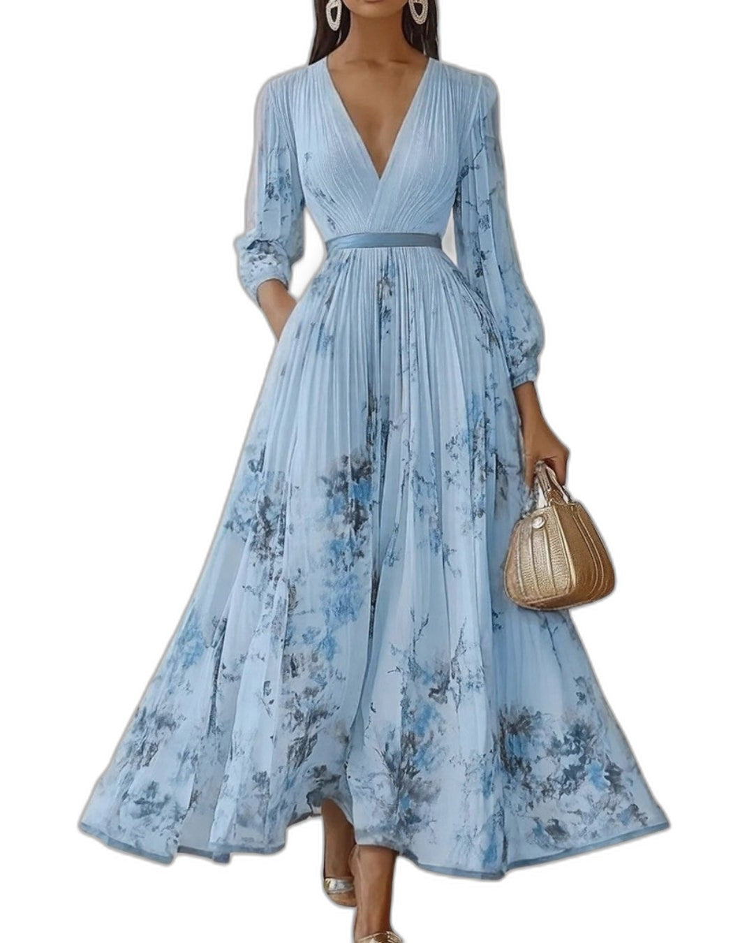 Elegant Floral Midi Dress for Women with V Neck Sleeveless A Line Pleated Belted Formal Wedding Guest Style