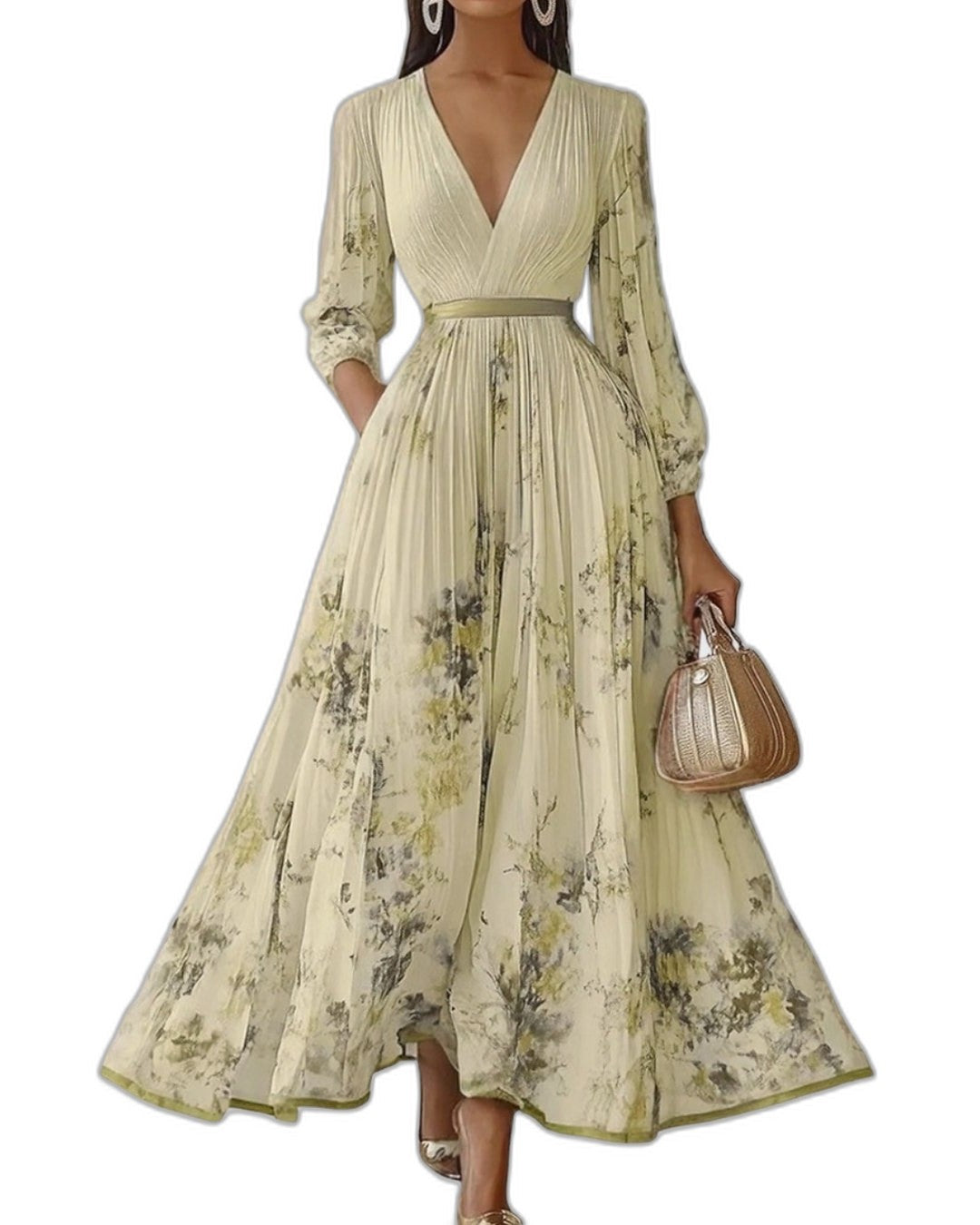 Elegant Floral Midi Dress for Women with V Neck Sleeveless A Line Pleated Belted Formal Wedding Guest Style