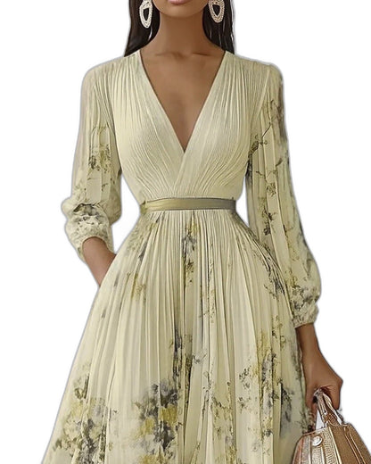 Elegant Floral Midi Dress for Women with V Neck Sleeveless A Line Pleated Belted Formal Wedding Guest Style