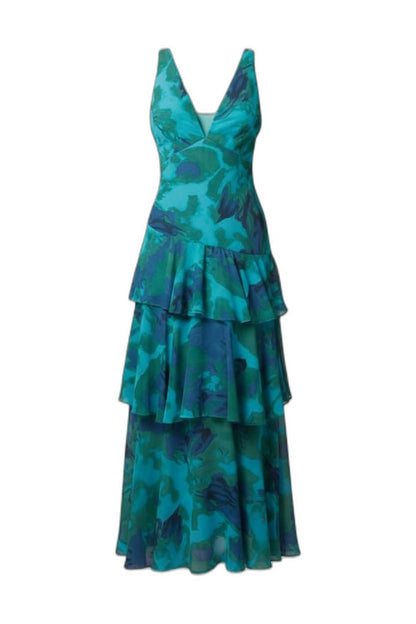 Elegant Floral Midi Dress for Women with V Neck Sleeveless Tiered Ruffle Cocktail Style