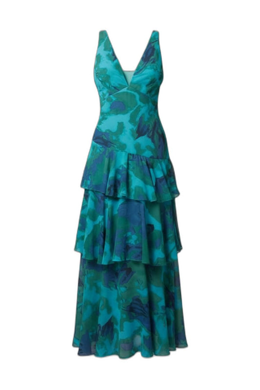 Elegant Floral Midi Dress for Women with V Neck Sleeveless Tiered Ruffle Cocktail Style