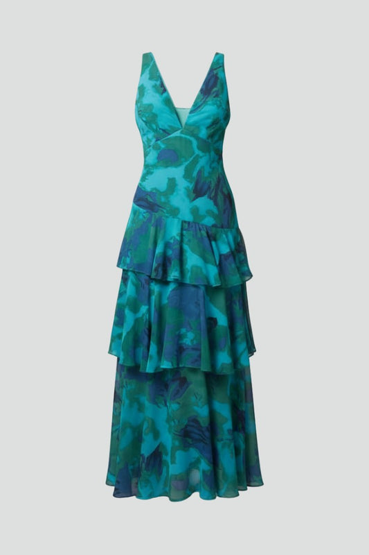 Elegant Floral Midi Dress for Women with V Neck Sleeveless Tiered Ruffle Cocktail Style