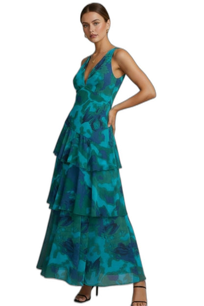 Elegant Floral Midi Dress for Women with V Neck Sleeveless Tiered Ruffle Cocktail Style