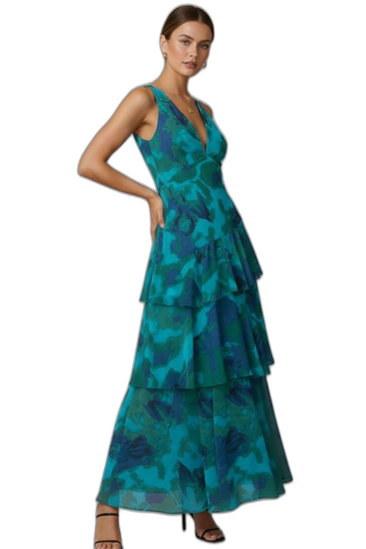 Elegant Floral Midi Dress for Women with V Neck Sleeveless Tiered Ruffle Cocktail Style