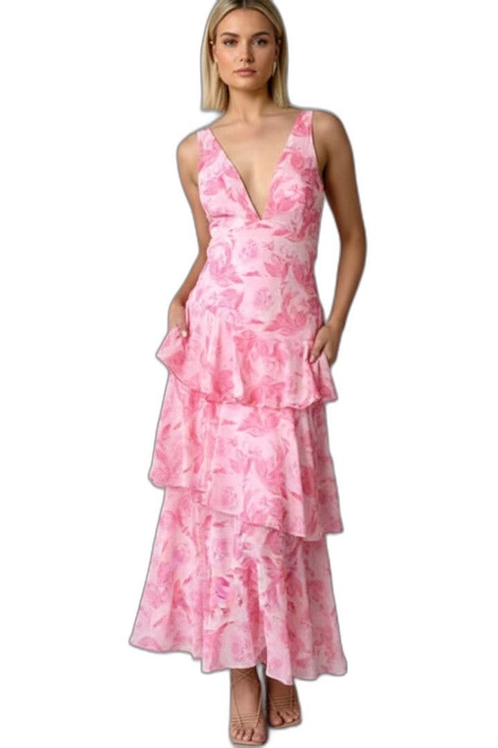 Elegant Floral Midi Dress for Women with V Neck Sleeveless Tiered Ruffle Cocktail Style