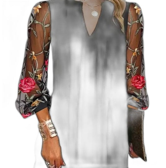 Elegant Floral Mini Dress for Women with V Neck Long Sleeve Flowing Party Style