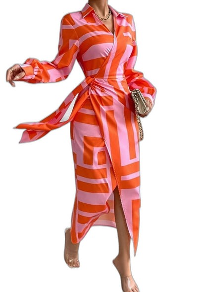 Elegant Geometric Maxi Dress for Women with Collared Long Sleeve Wrap Belted Party Style