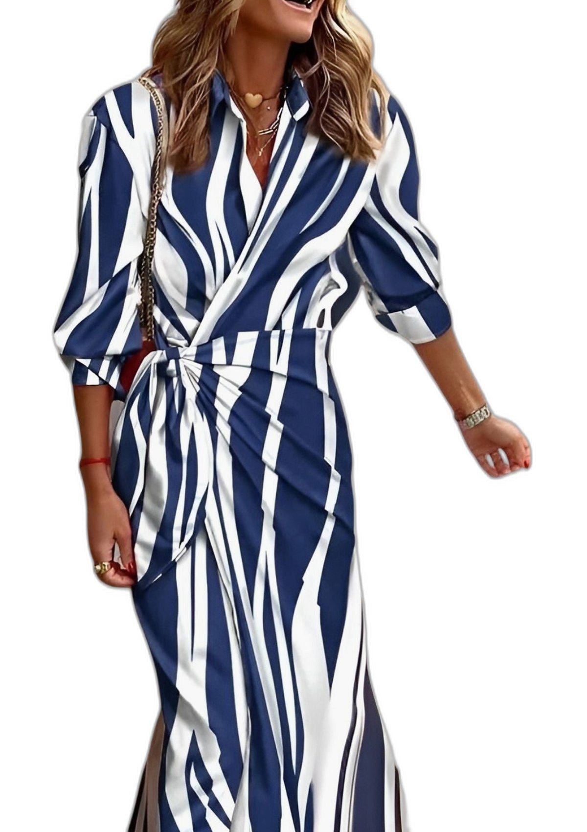 Elegant Geometric Maxi Dress for Women with Collared Long Sleeve Wrap Belted Party Style