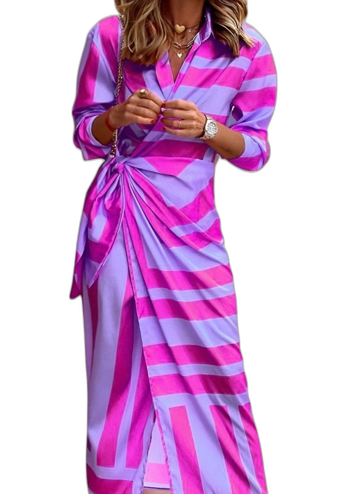Elegant Geometric Maxi Dress for Women with Collared Long Sleeve Wrap Belted Party Style