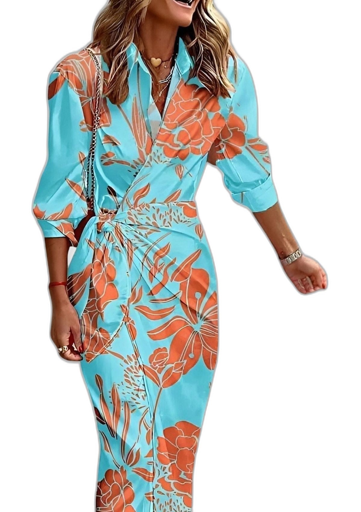 Elegant Geometric Maxi Dress for Women with Collared Long Sleeve Wrap Belted Party Style