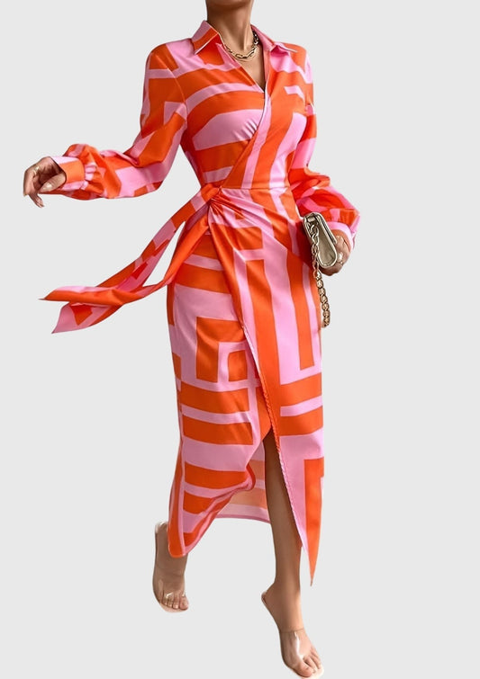 Elegant Geometric Maxi Dress for Women with Collared Long Sleeve Wrap Belted Party Style